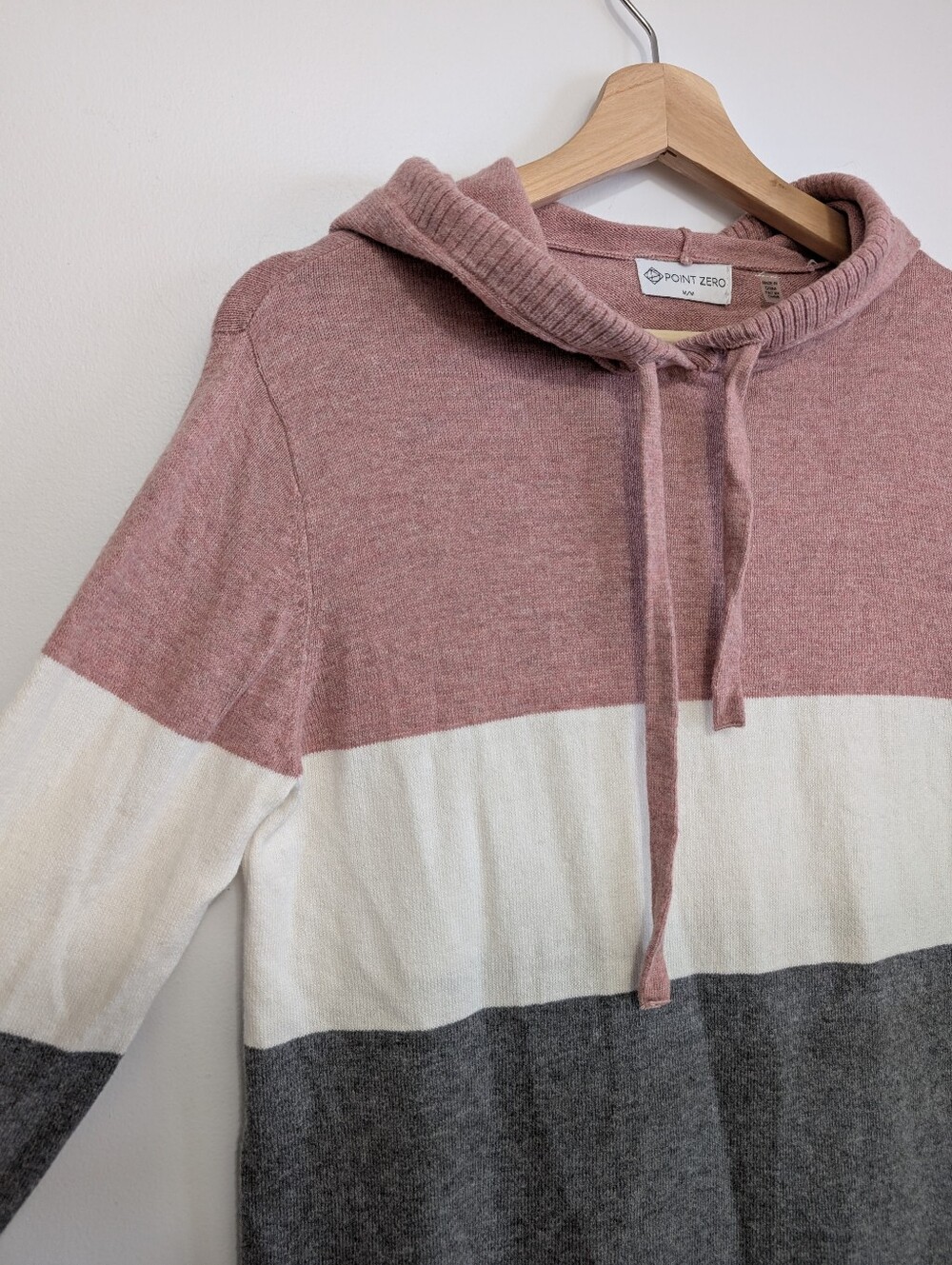 Point Zero Medium Soft wool Blend Knit Hoodie Color Block Sweater Pink Grey Boho